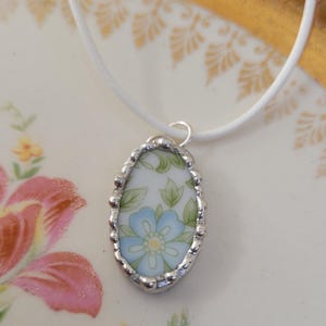 Baby Blue Flower Broken China Soldered Pendant Necklace