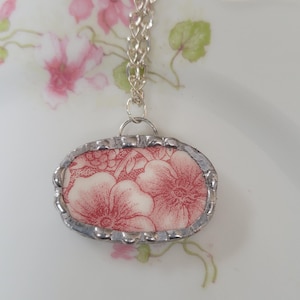 Red Floral Transferware Broken China Soldered Pendant Necklace