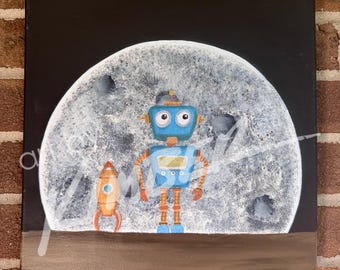 Roboter Gemälde (Blauer Roboter) 12 "x 12" Original Art