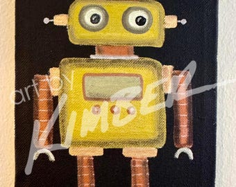 Roboter Gemälde (Gelb) 5 "x 7" Original Art
