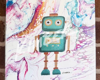 Roboter 20,3 cm x 20,3 cm Acryl auf Leinwand Original Kunst