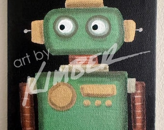 Roboter Gemälde (Grün) 5 "x 7" Original Art