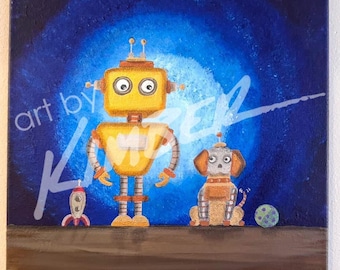 Roboter Gemälde (Roboter mit Hund) 12 "x 12" Original Kunst