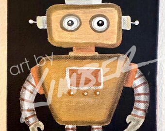 Roboter Gemälde (Gold) 5 "x 7" Original Art