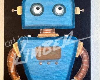 Roboter Gemälde (Blau) 5 "x 7" Original Art