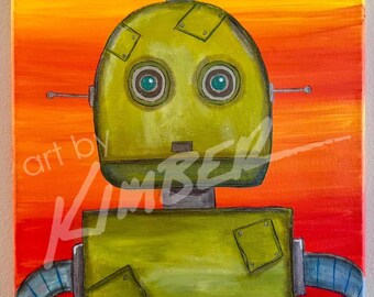 Roboter Gemälde (Grün) 30x30cm Acryl auf Leinwand Original Kunst