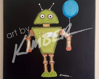 Roboter 10 "x 10" Acryl auf Leinwand (Grün mit Ballon)