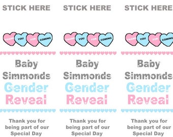 Self Adhesive SWEET LABELS Personalised Gender Reveal Mini Love Heart Sweets STICKERS Favours