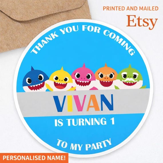 Personalized Baby Shark Birthday Stickers | First Birthday Thank You Stickers | Custom Party Favor Stickers | Printed & Mailed