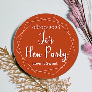 Luxury Burnt Orange Hen Do Sticker, Personalised Hen Party Sticker, Hen Party Favours, Bride Squad, Bride Tribe, Team Bride 45mm