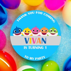 Baby Shark Personalized Birthday Stickers Thank You For Coming Party Sweet Favour Favor 37mm or 45mm