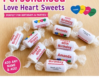 Dulces personalizados en forma de corazón para cumpleaños / Mini obsequios personalizados para fiestas / 13, 16, 18, 21, 30, 40, 50, 60 años