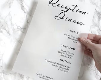 Printed Vellum Reception Menu Personalised Wedding Breakfast Menu, Dinner Menu Cards, A5 Size