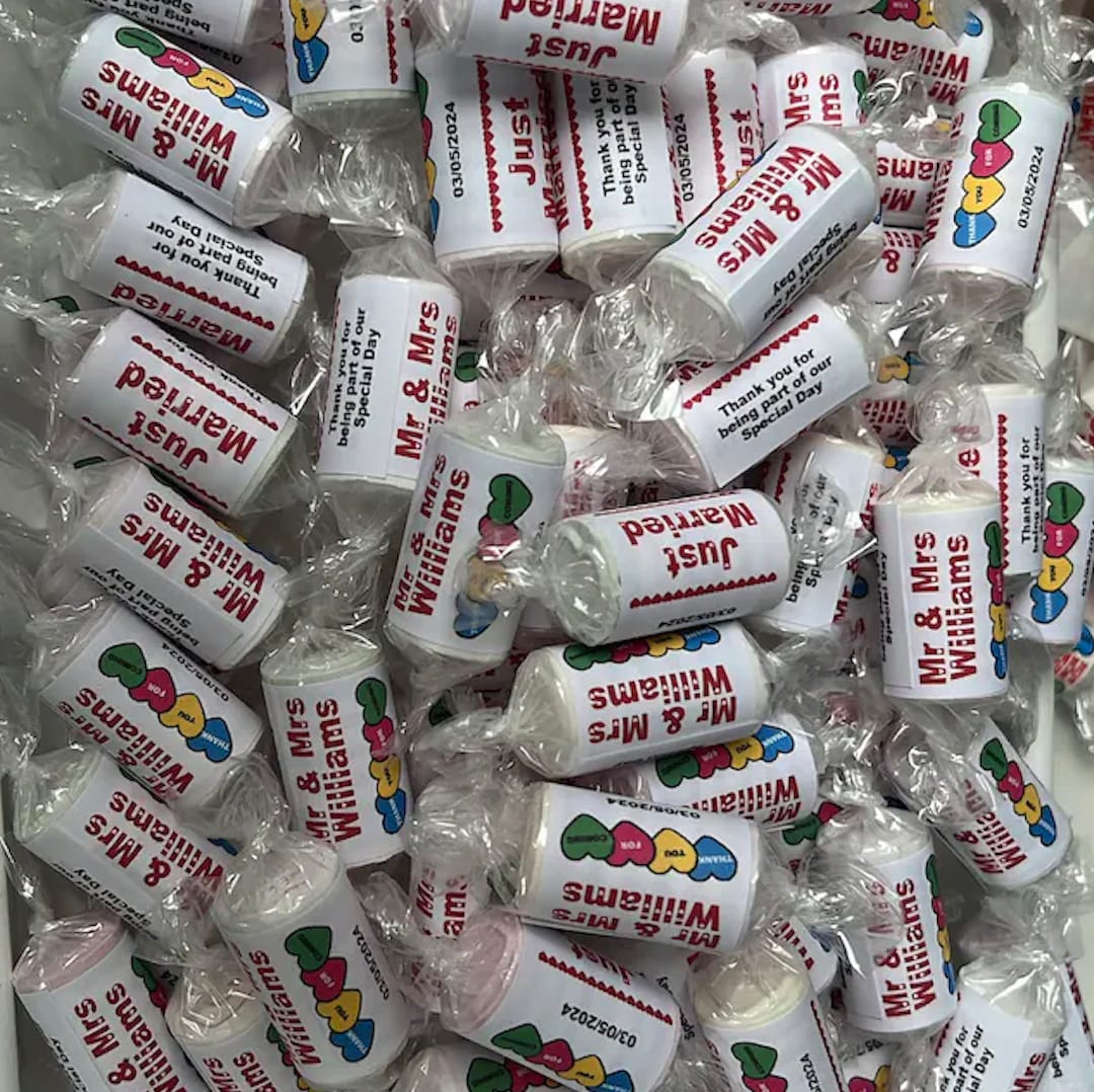 25/50/100 Personalised Mini Love Heart Sweet Wrappers Stickers - Foto 3