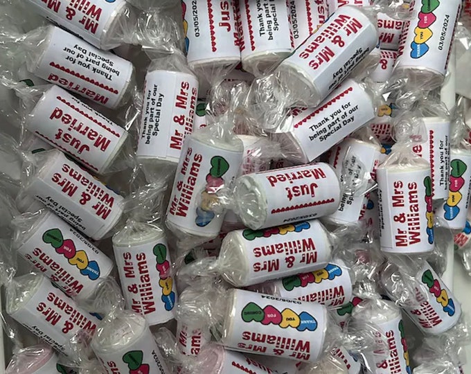 25/50/100 Personalised Mini Love Heart Sweet Wrappers Stickers