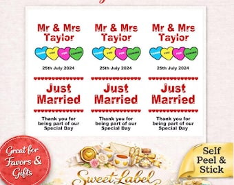 Sweet Labels – Personalised Wedding Love Heart Sweet Stickers for Favours & Sweet Carts