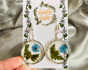 Forget Me Not And Fern Real Pressed Flower Moon Dangle Resin Earrings Celestial Earrings Nickel Free Handmade Statement Earrings