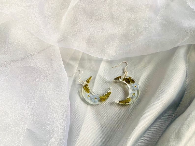 Forget Me Not And Fern Real Pressed Flower Moon Dangle Resin Earrings Celestial Earrings Nickel Free Handmade Statement Earrings