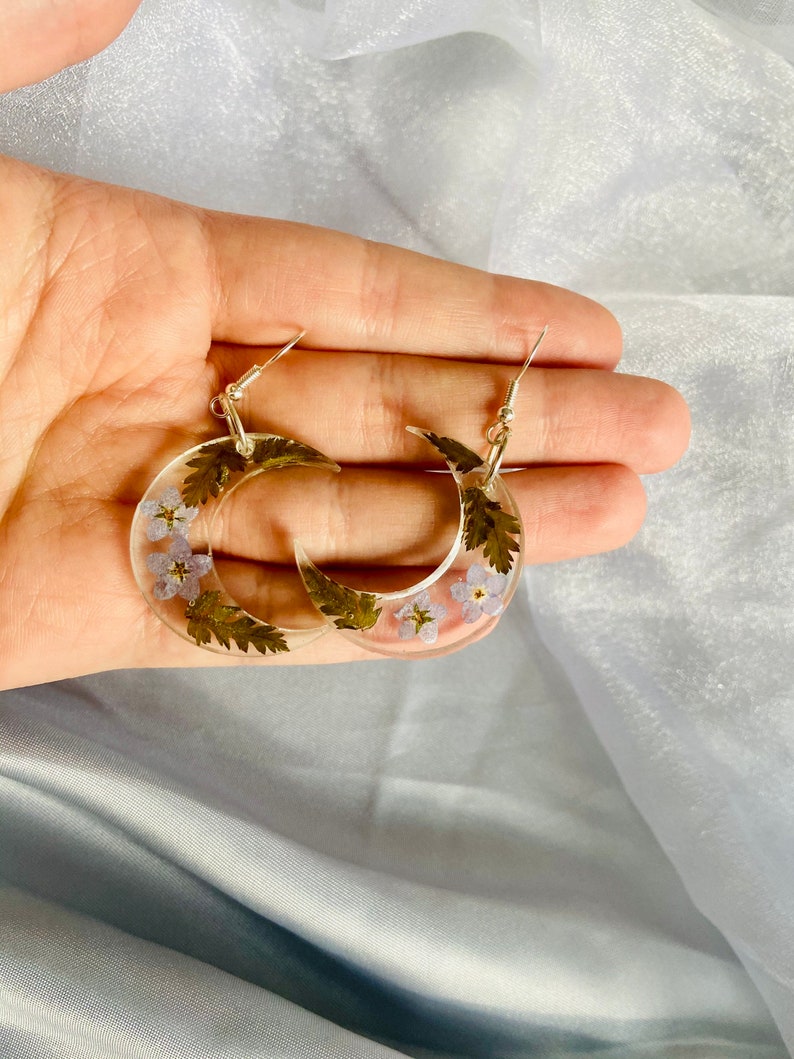 Forget Me Not And Fern Real Pressed Flower Moon Dangle Resin Earrings Celestial Earrings Nickel Free Handmade Statement Earrings