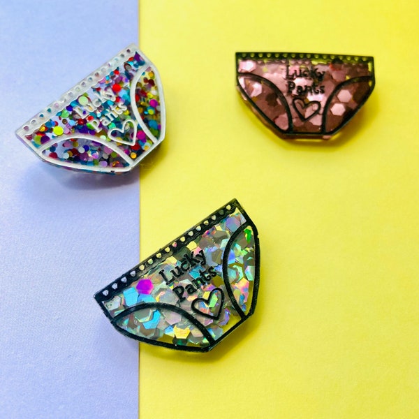 Lucky Pants Hand Painted Glitter Resin Badge | Positive Badge | Handmade Brooch