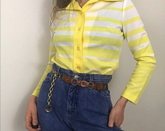 Vintage 70s Jack Winter Yellow White Striped Long Sleeve Button Down Shirt Top Women Small Classic Hipster Office Workwear Casual