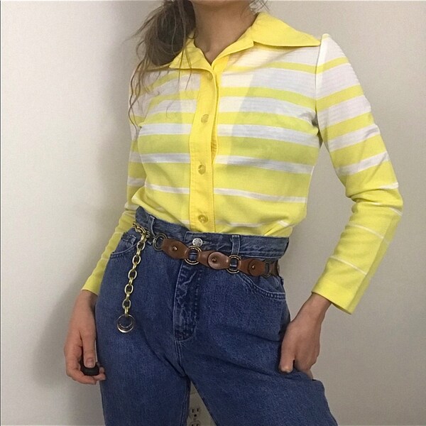 Vintage 70s Jack Winter Yellow White Striped Long Sleeve Button Down Shirt Top Women Small Classic Hipster Office Workwear Casual