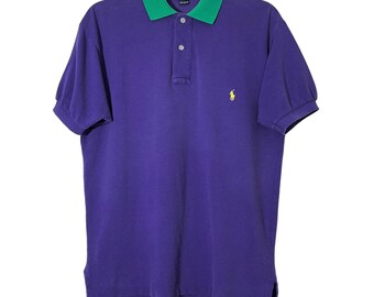 Vintage Polo Ralph Lauren Purple Green Contrast Collar Cotton Short Sleeve Shirt Men Small Retro Classic Preppy Rugby Casual USA Workwear