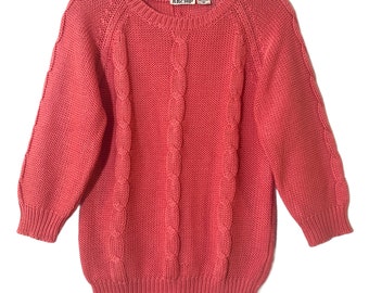 Vintage 90s Pink Cable Knit Crewneck 3/4 Sleeve Pullover Sweater Women Medium Colorful Retro Classic Preppy Basic Sweater