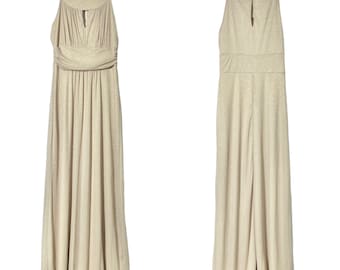 Vintage 90s Y2K Sweet Storm Chiffon Glitter Beige Sleeveless Halter Empire Waist A-Line Full Maxi Dress Formal Gown Medium Prom Party Retro