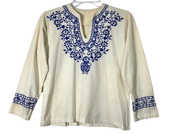 Vintage 60s 70s Handmade Floral Paisley Embroidered Beige 3/4 Sleeve V-Neck Blouse Top Women Small Retro Boho Hippie Peasant Cottagecore