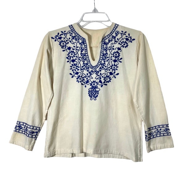 Vintage 60s 70s Handmade Floral Paisley Embroidered Beige 3/4 Sleeve V-Neck Blouse Top Women Small Retro Boho Hippie Peasant Cottagecore