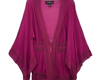Vintage Y2K Colleen Lopez Crochet Knit Magenta Purple Bell Sleeve Button Up Lightweight Cardigan Sweater Top Medium Retro Bohemian Hippie