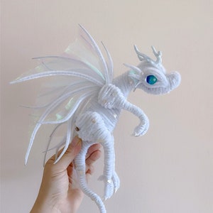 White Fairy Dragon Fluffy dragon dolls Custom plush dragon Personalized Realistic Fantasy Creature plush Handmade Dragon Pterosaur dinosaur
