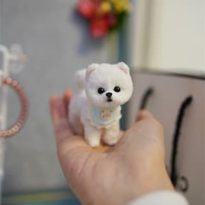 May include: A small white fluffy dog wearing a blue and white bib with a pink flower design. The dog is being held in a person's hand.
