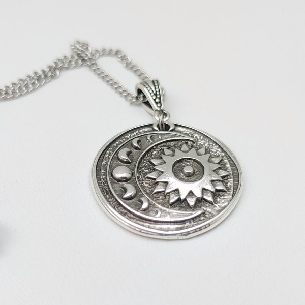 Sun & Moon Phases Pendant | Celestial Jewelry | Custom Sized Necklace