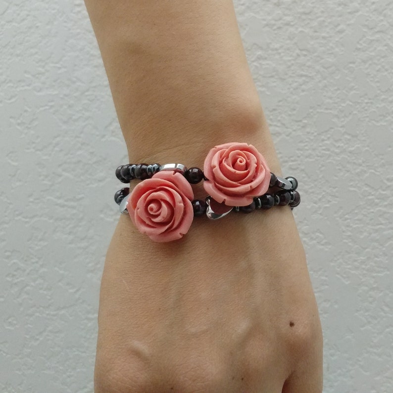 Pink Rose /& Hearts Gemstone Stretch Bracelet