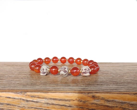 Skull & Gemstone Bracelet | Carnelian Jewelry | High Detail