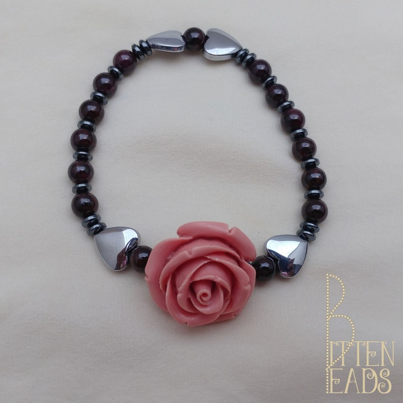 Pink Rose /& Hearts Gemstone Stretch Bracelet