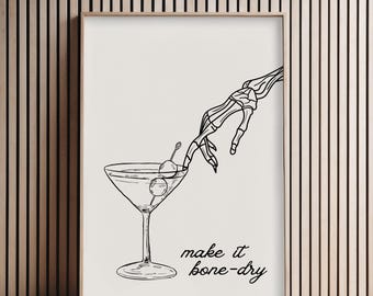 Skelet martini-print: grappig gotisch halloweenbardecor (digitale download)