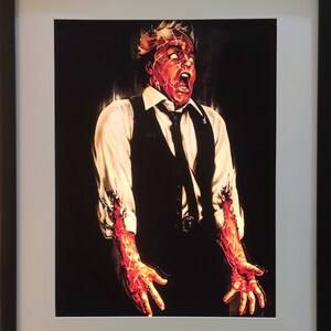May include: A man wearing a white shirt and a black waistcoat is shown with his arms outstretched. His skin is red and appears to be melting. He has a shocked expression on his face.