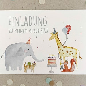 Kindergeburtstag Einladungskarte / Tiere / Elefant / Giraffe / Illustration / Aquarell / Freundschaft / Einladung zum Geburtstag