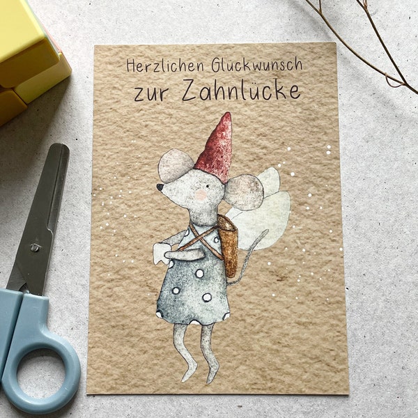 Postkarte von der Zahnfee / Glückwunschkarte / erste Milchzähne / Text auf der Rückseite / Zahnfee Maus / Dankeschön / Affirmation