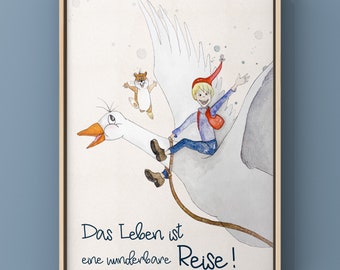 Poster / Nils Holgerson / Schweden / Kinderzimmer/ Freundschaft / Geschenk / Aquarell/ Illustration