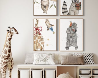 Safari/ Tier 4er Poster Set, Giraffe, Elefant, Waschbär, Koalabär, Aquarell, Boho, Kinderzimmer, Genderneutral, Kind Kinder Dekor