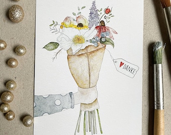 Postkarte / Dankeschön / Dankeskarte / Blumenstrauß / Ich hab dich lieb / Freundschaft / Liebe / Aquarell / Digitalprint