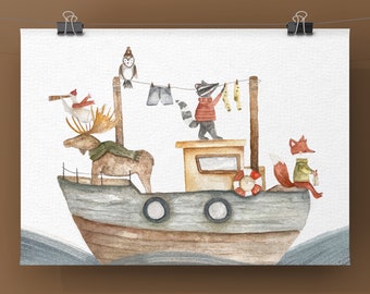 Waldtiere / Boot / Skandinavien / Schweden / Elch / Gans / Waschbär / Fuchs/ Freundschaft / Kinderzimmer / Aquarell / Poster