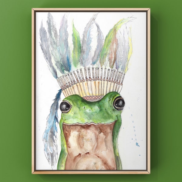 Indianer-Frosch im Aquarellstil, Digitaldruck, Kinderillustration fürs Kinderzimmer, Geschenk