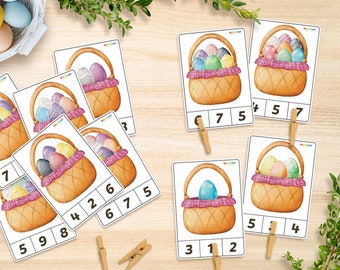 Easter eggs Montessori Count & Clip Cards, Number 1-10 Teaching Set, Spring Printable, Hands-on Activity, Homeschool, Preschoolers, Toddlers