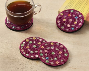 Melted Acrylic Flower, Resin Beaded Coasters, Set of 4, Handmade Tea and Coffee Cup Coasters, Decorative Coasters, Gift for Her
