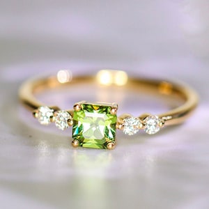 Natural Demantoid Asscher Cut & White Diamond Handmade 18K Solid Yellow Gold Olivine Ring, Cluster Ring, Anniversary Gift Idea